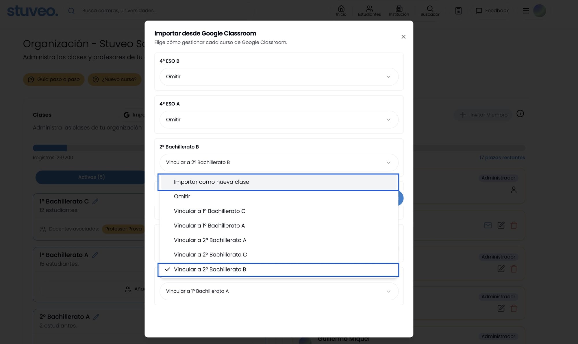 Panel de importación de Google Classroom, con las opciones 