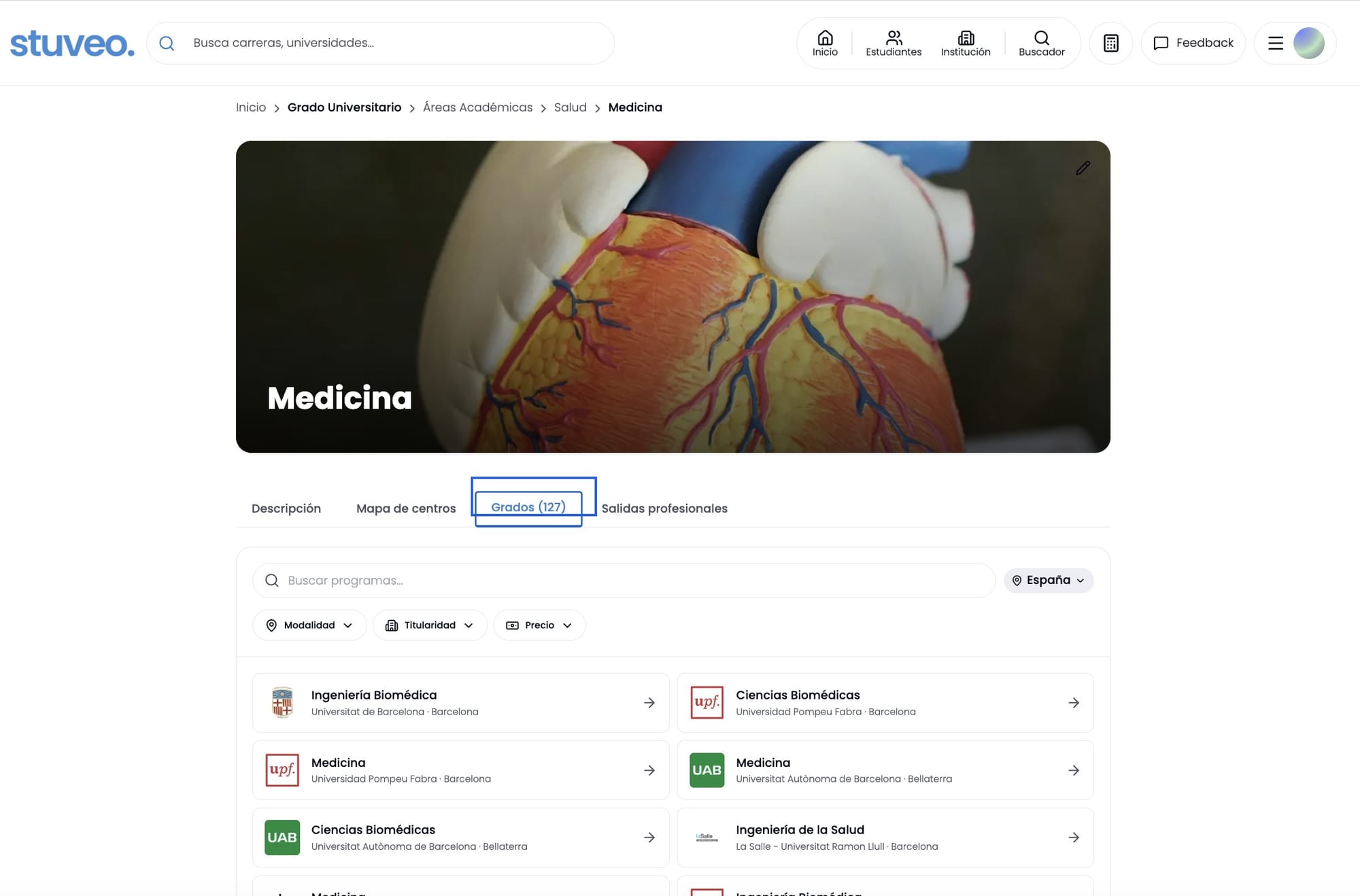 Página de Medicina, pestaña Grados, con los filtros de ciudad, modalidad, titularidad y precio