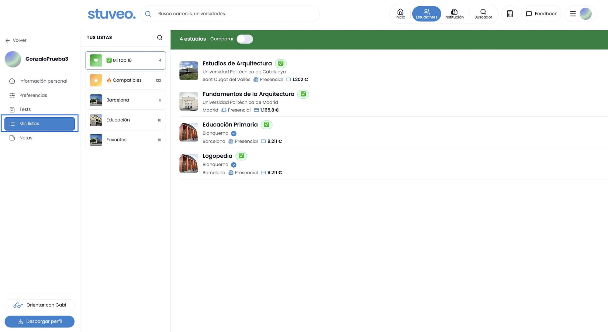 Pestaña Mis listas del perfil del alumno, marcada en el menú lateral