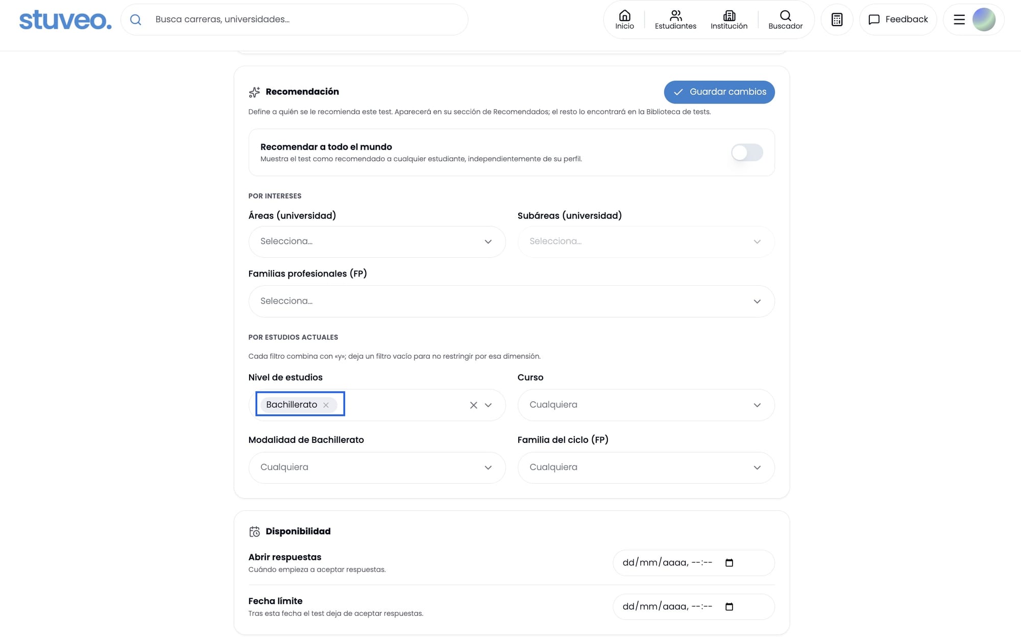 Sección de Recomendación con el nivel de estudios marcado