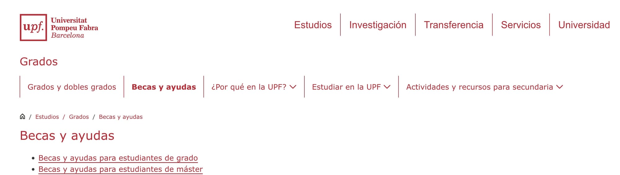 Página de becas y ayudas de la Universidad Pompeu Fabra