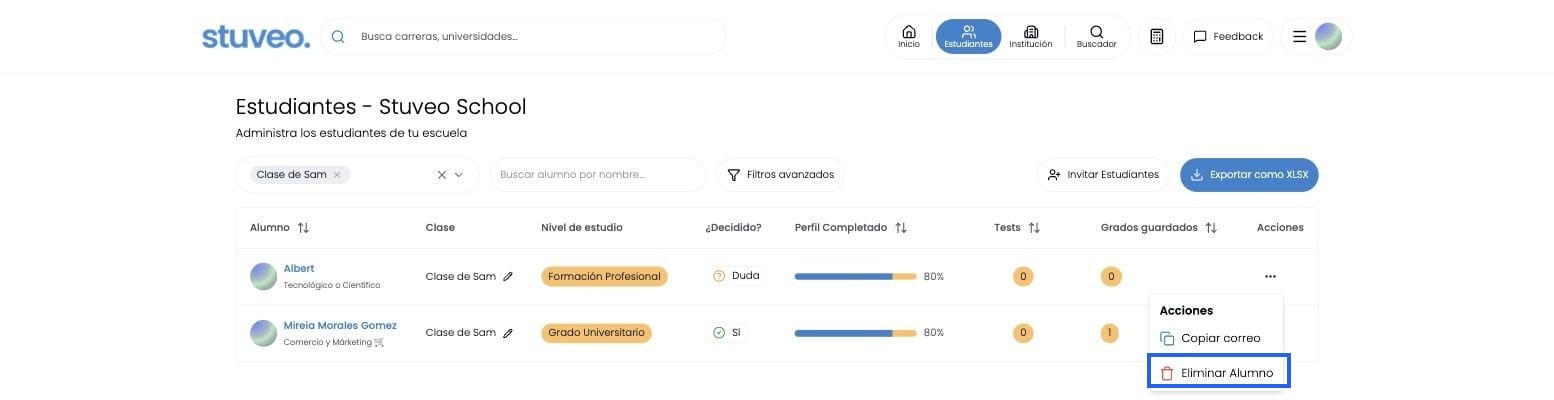 Menú de acciones de un alumno con la opción Eliminar Alumno marcada