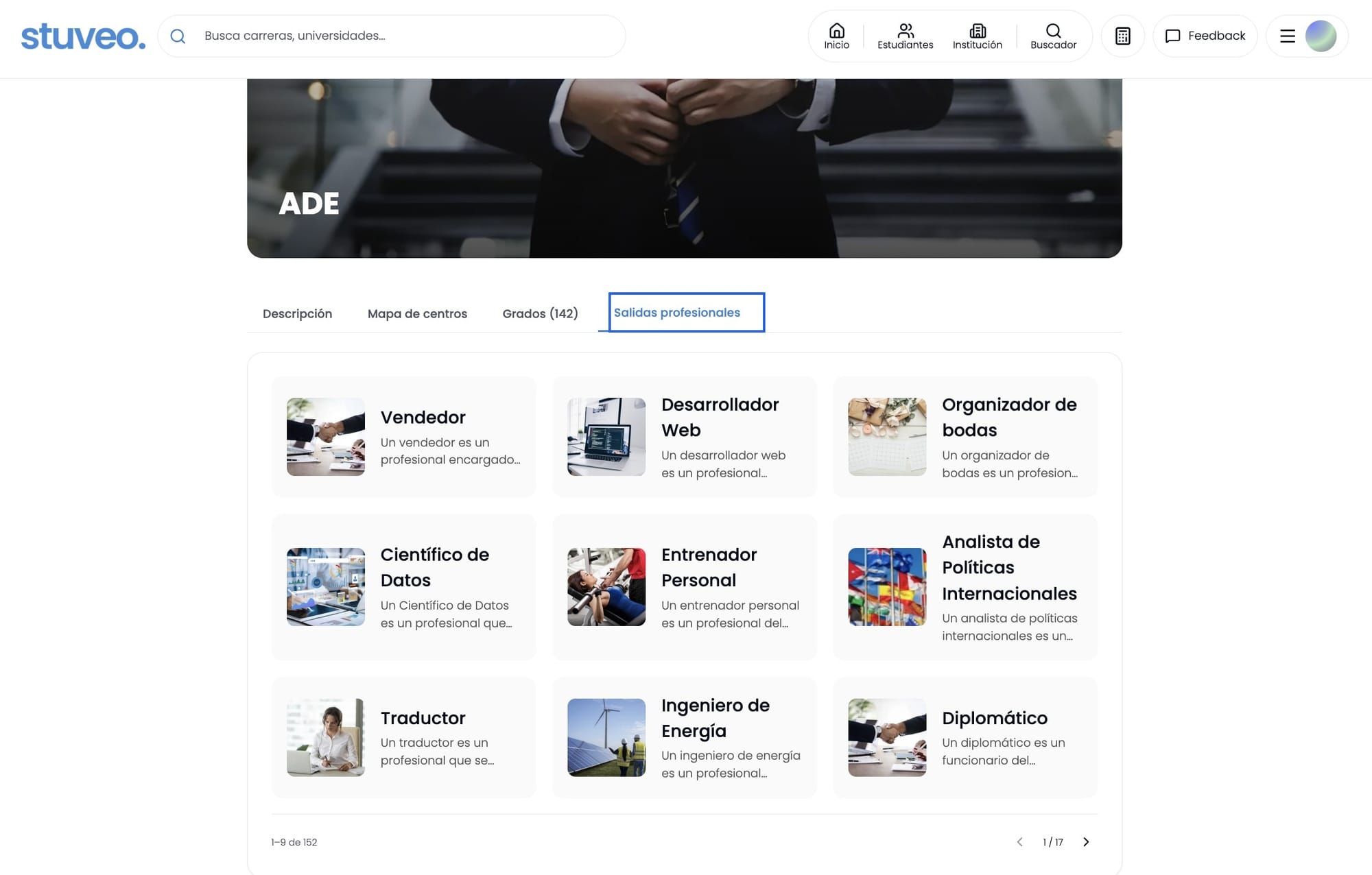 Pestaña Salidas profesionales del área ADE, marcada