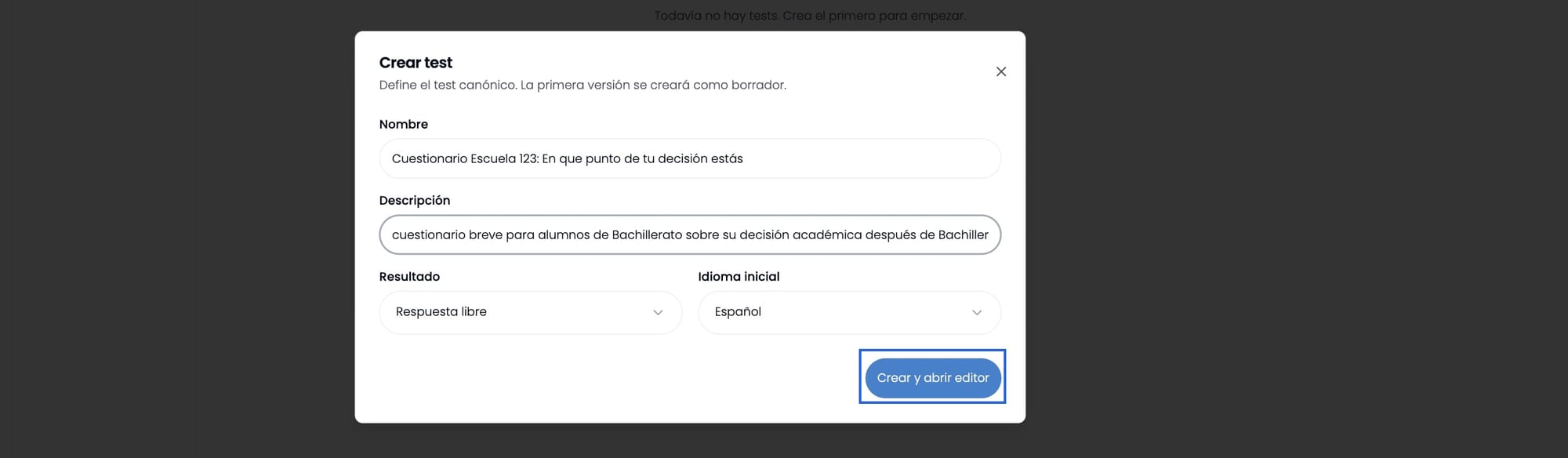 Modal de creación manual de test, con Crear y abrir editor marcado