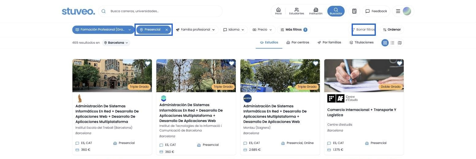 Filtro aplicado: chip, contador de resultados y botón Borrar filtros
