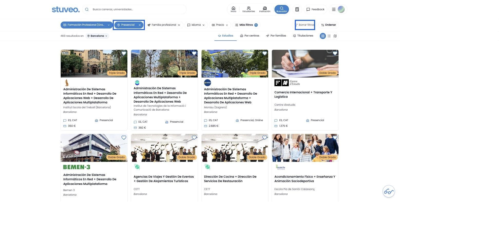 Filtro aplicado: chip, contador de resultados y botón Borrar filtros