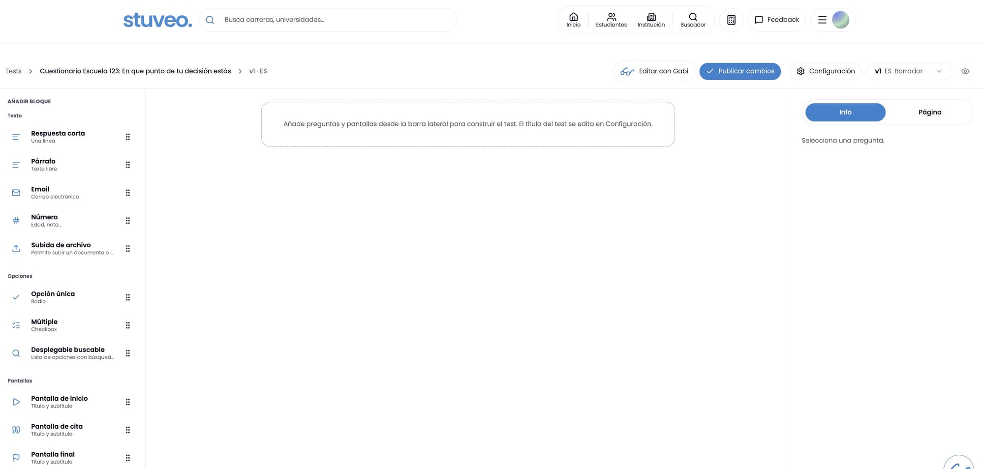 Editor en blanco listo para construir el test manualmente