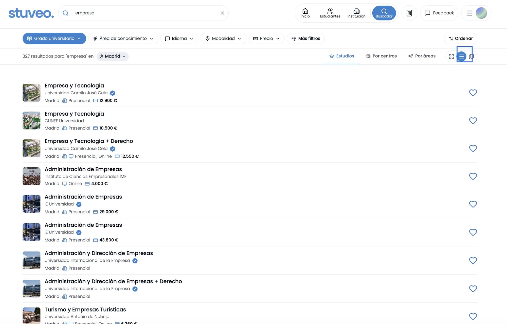 Icono de vista en lista marcado, junto a los resultados de la búsqueda