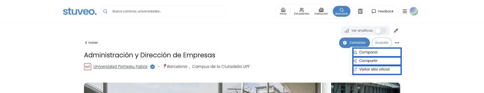 Menú de tres puntos marcado: Comparar, Compartir y Visitar sitio oficial