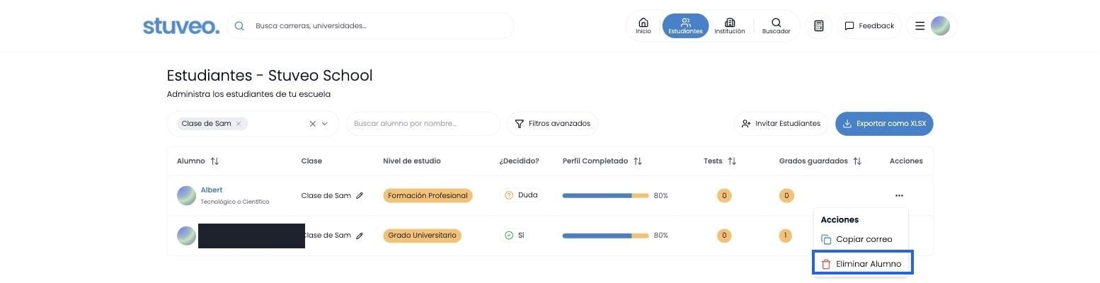 Menú de acciones de un alumno con la opción Eliminar Alumno marcada