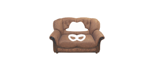 A cutout of a brown therapist's couch. At the centre of the couch is an illustration of a hat and a pair of goggles that thieves are shown wearing in cartoons.
