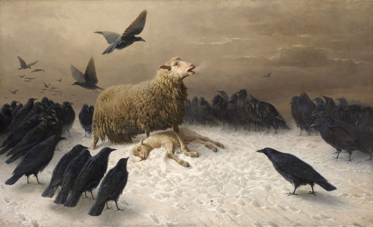 An ewe mourning her lamb in the painting Anguish by August Friedrick Schenck.