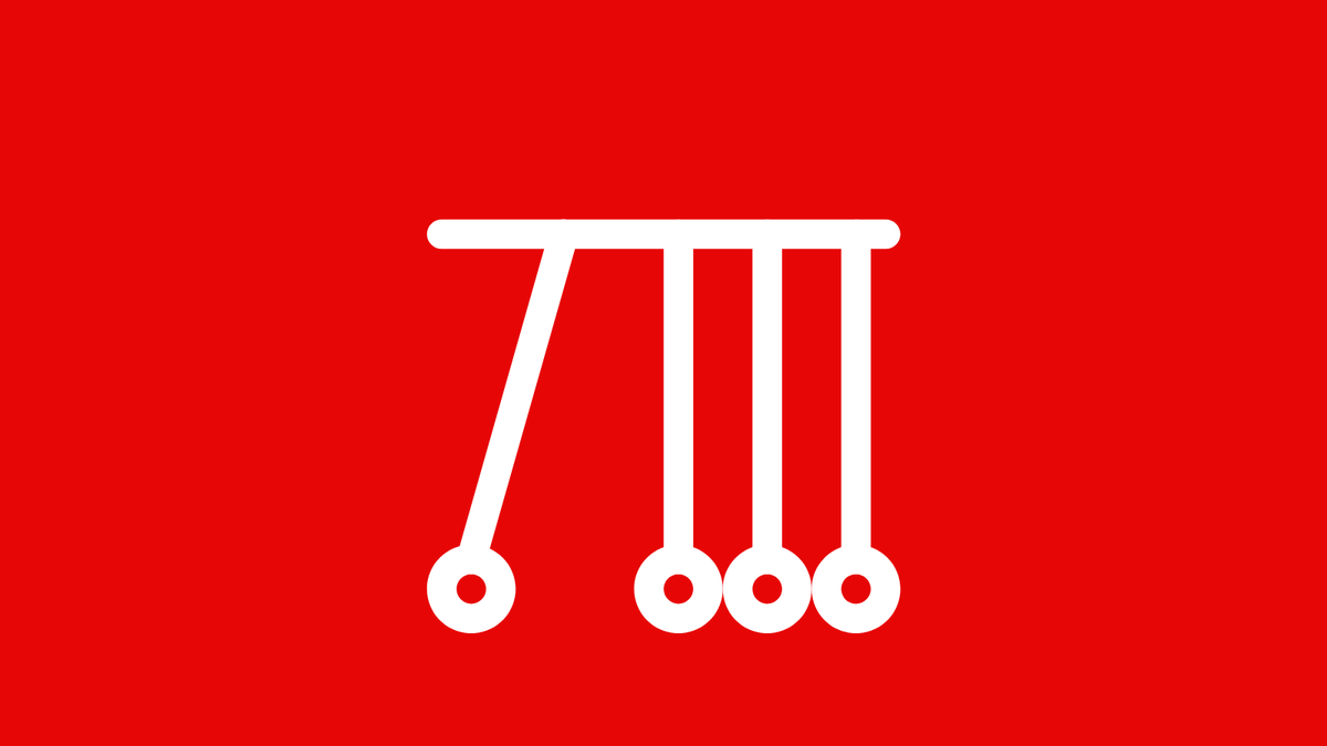 Four white pendulums against a red background. The leftmost pendulum is swinging towards the far left.