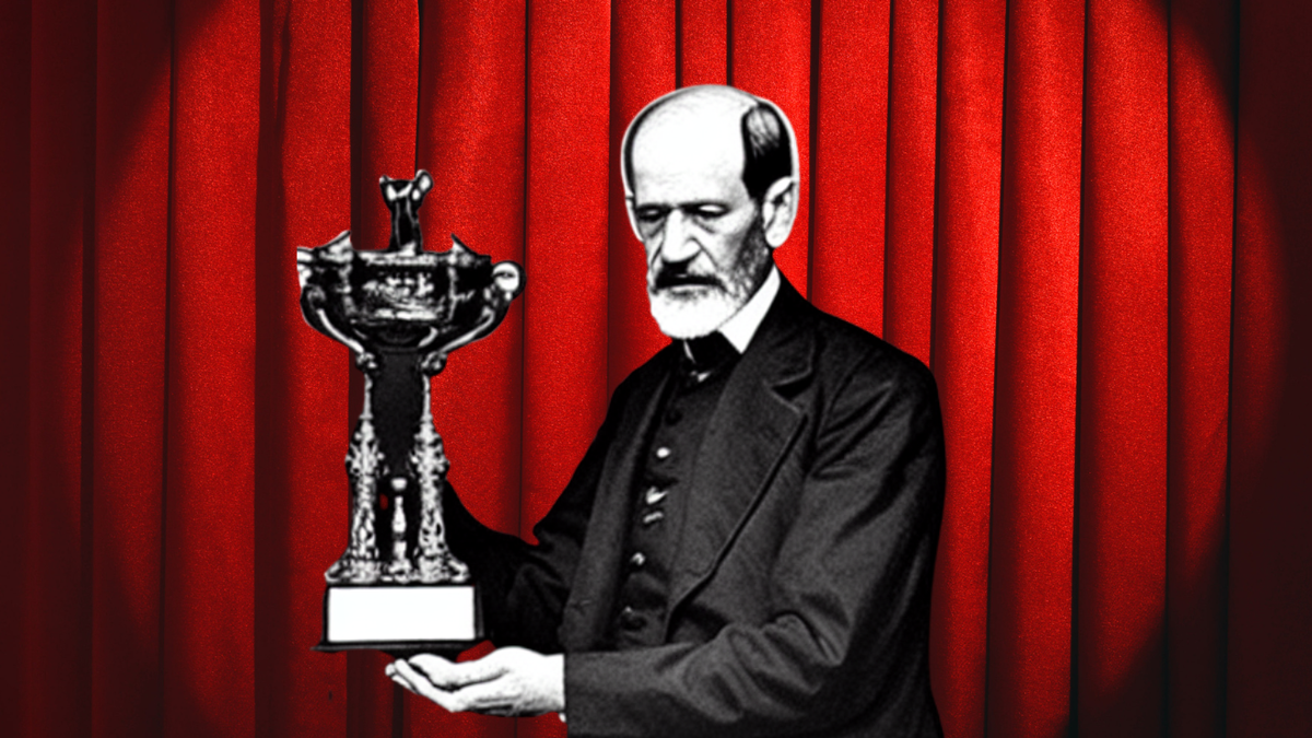 Sanity's first AI-generated illustration! Sigmund Freud holding a trophy, created using Canva's text-to-image app.