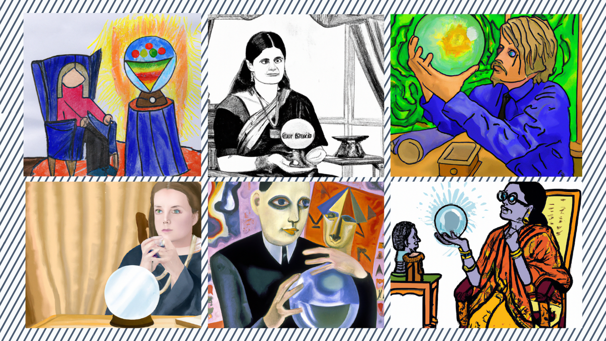 AI-rendered illustration of a therapist gazing into a crystal ball in the style of various artists