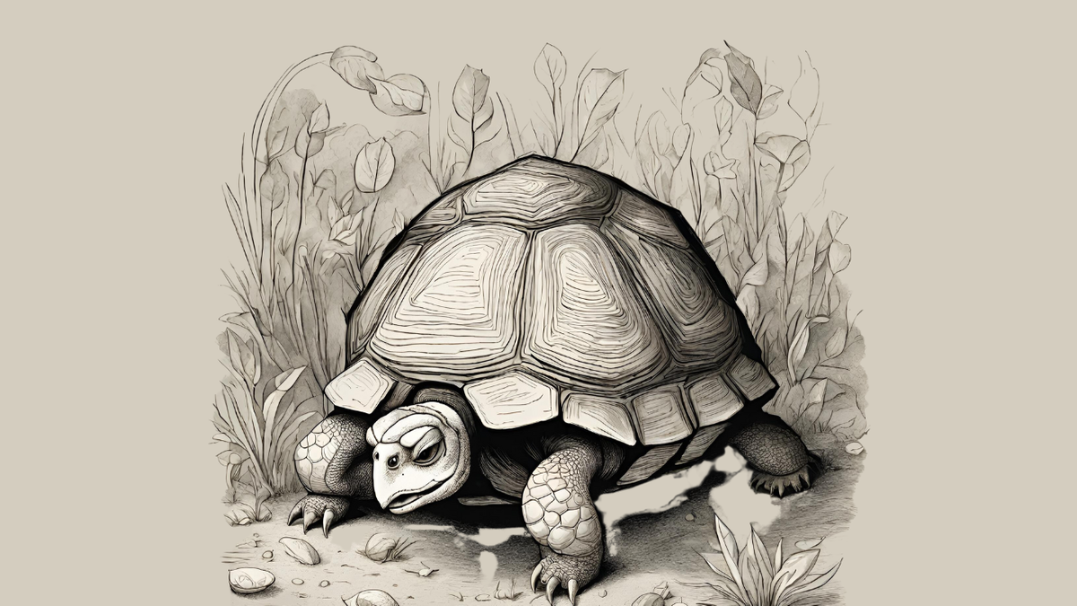 Illustration of a tortoise walking wearily against a grey background.