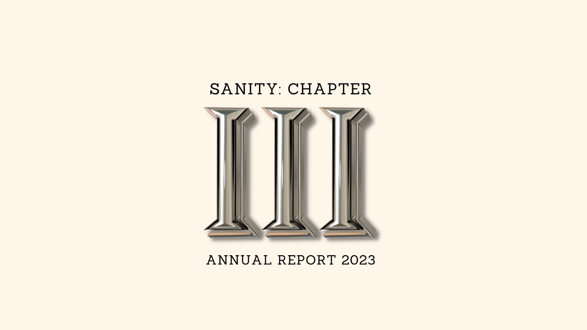 At the centre of a pitch background is the text: Sanity: Chapter III. Annual report 2023.