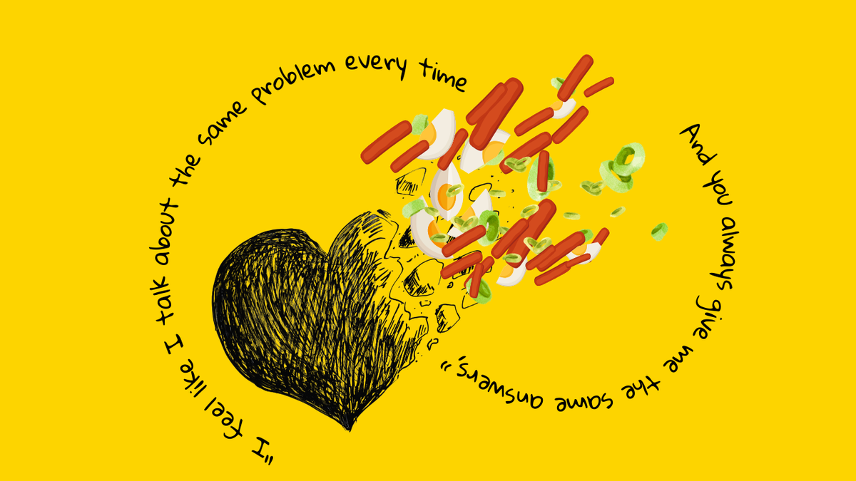 A heart breaking into pieces, the broken pieces merge with pieces of tteokbokki