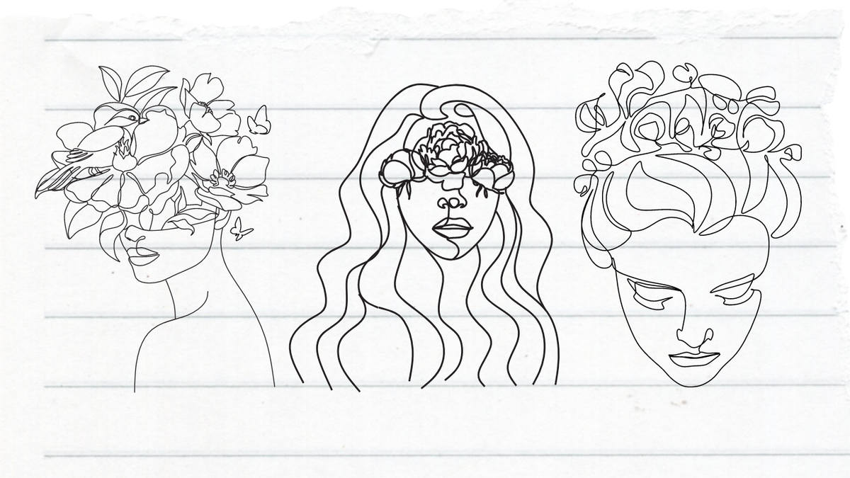 Illustrations of human heads with floral patterns on a ruled sheet of paper