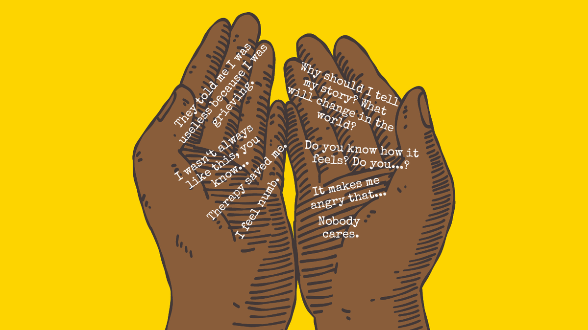 Two cupped hands gently and caringly holding various quotes from my stories' sources 