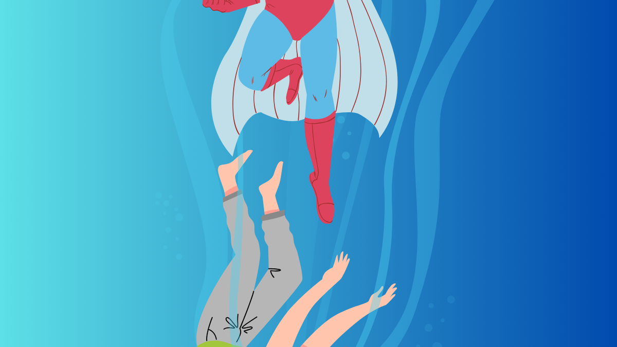 Illustration of a person drowning at the bottom half of the picture and a superhero rising in the top half