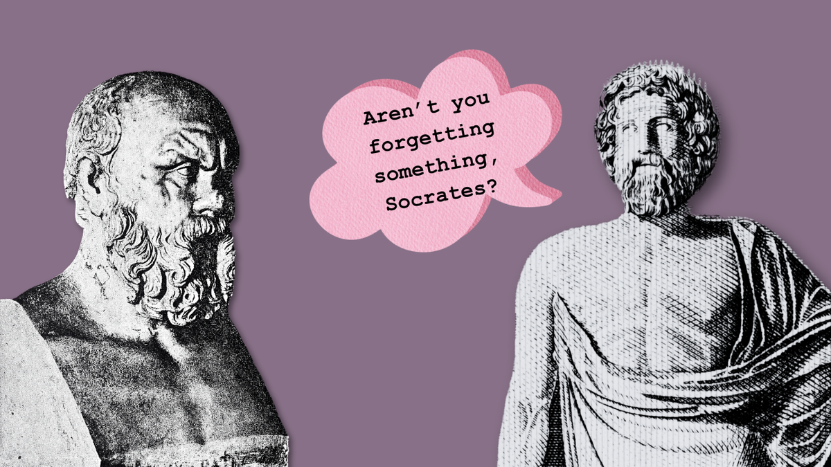 Socrates and Asclepius staring at each other, the latter saying "Aren't you forgetting something Socrates?"