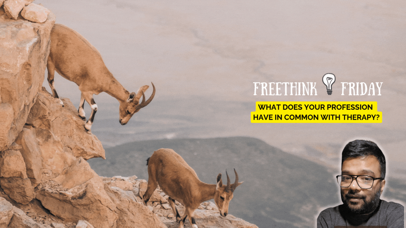 2 mountain goats climbing down a cliff. Bottom right corner: my selfie. Text: Freethink Friday