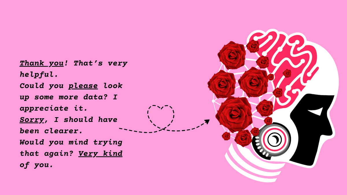 An illustration of a chatbot's brain, each node in it blooming like a red rose in response to kind and polite prompts from a human user