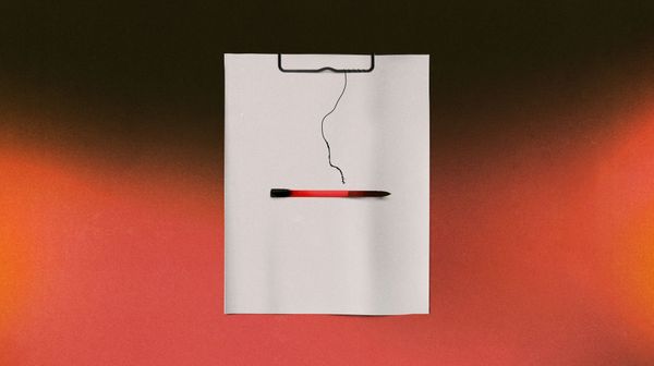 A note pad with a single sheet attached to a cliboard, and a pencil placed horizontally at the centre. Red and black blended