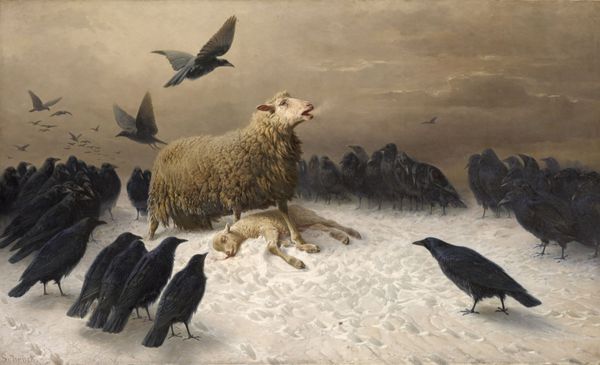 An ewe mourning her lamb in the painting Anguish by August Friedrick Schenck.
