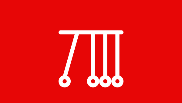 Four white pendulums against a red background. The leftmost pendulum is swinging towards the far left.