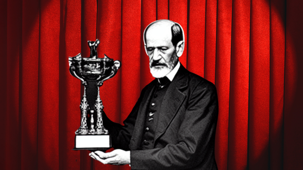 Sanity's first AI-generated illustration! Sigmund Freud holding a trophy, created using Canva's text-to-image app.