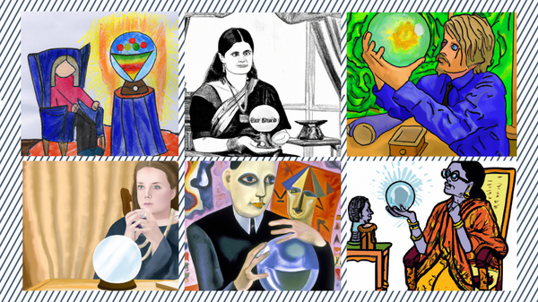 AI-rendered illustration of a therapist gazing into a crystal ball in the style of various artists