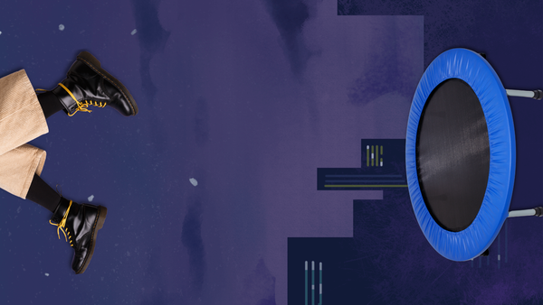 Two human feet decked in office wear falling from the sky against the backdrop of a city. On the ground is a blue trampoline.