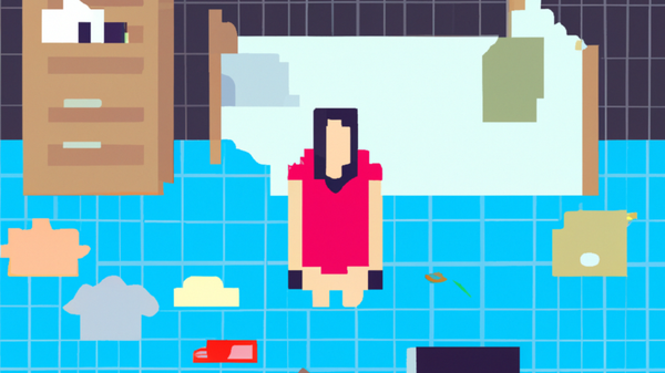 A pixelated image showing a human-like figure in the centre surrounded by objects like a filing cabinet, a t-shirt, a toy truck etc.