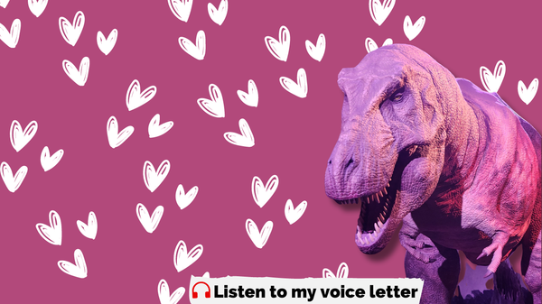 A cutout of the T. Rex exhbit at London's Natural History Museum surrounded by white flying hearts