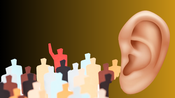 A giant ear listening to a crowd of people