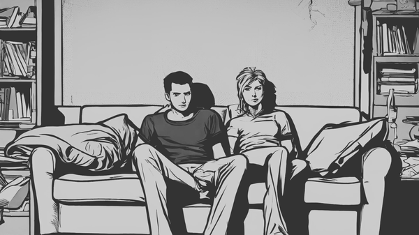 Comic-book style black and white sketch of two friends, a man and a woman, sitting on a couch