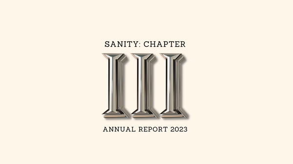 At the centre of a pitch background is the text: Sanity: Chapter III. Annual report 2023.