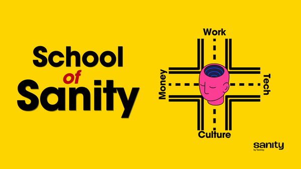 Poster with a human head at the intersection of four roads labelled money, work, tech and culture