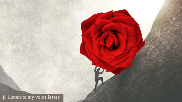 A man pushing a giant red rose up a hill