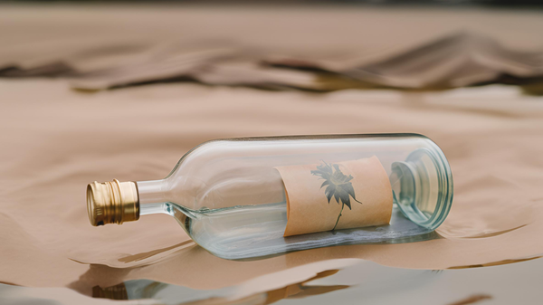 A scroll in a bottle stuck in a wet sandy beach