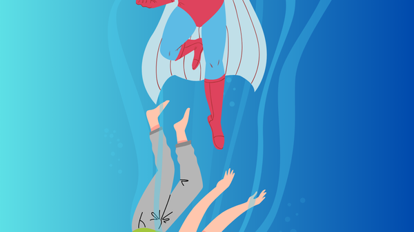 Illustration of a person drowning at the bottom half of the picture and a superhero rising in the top half
