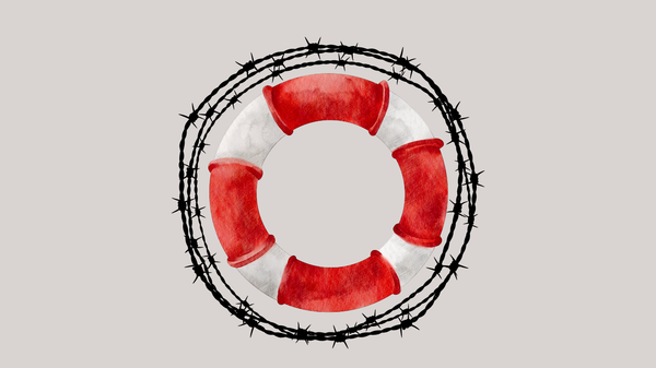 A red-and-grey life buoy encircled within loops of black barbed wire, against a grey background