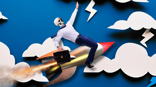 A corporate executive sitting on a rocket, flying through a thunderstorm. Their face has been replaced by a skull.