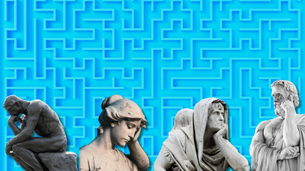 Marble statues of various people in the thinking pose against the background of a sky-blue maze