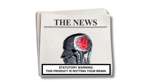A newspaper front page with the photo of a wounded human brain and a warning: "This product is rotting your brain."