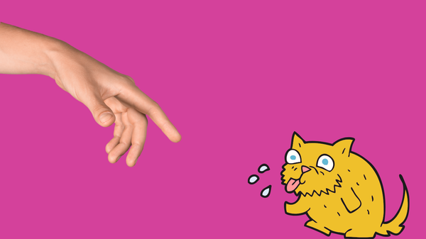 Against a pink background, the photo of an outstretched hand in the top left corner and a graphic of a cat blowing raspberries at the hand in the bottom right corner 
