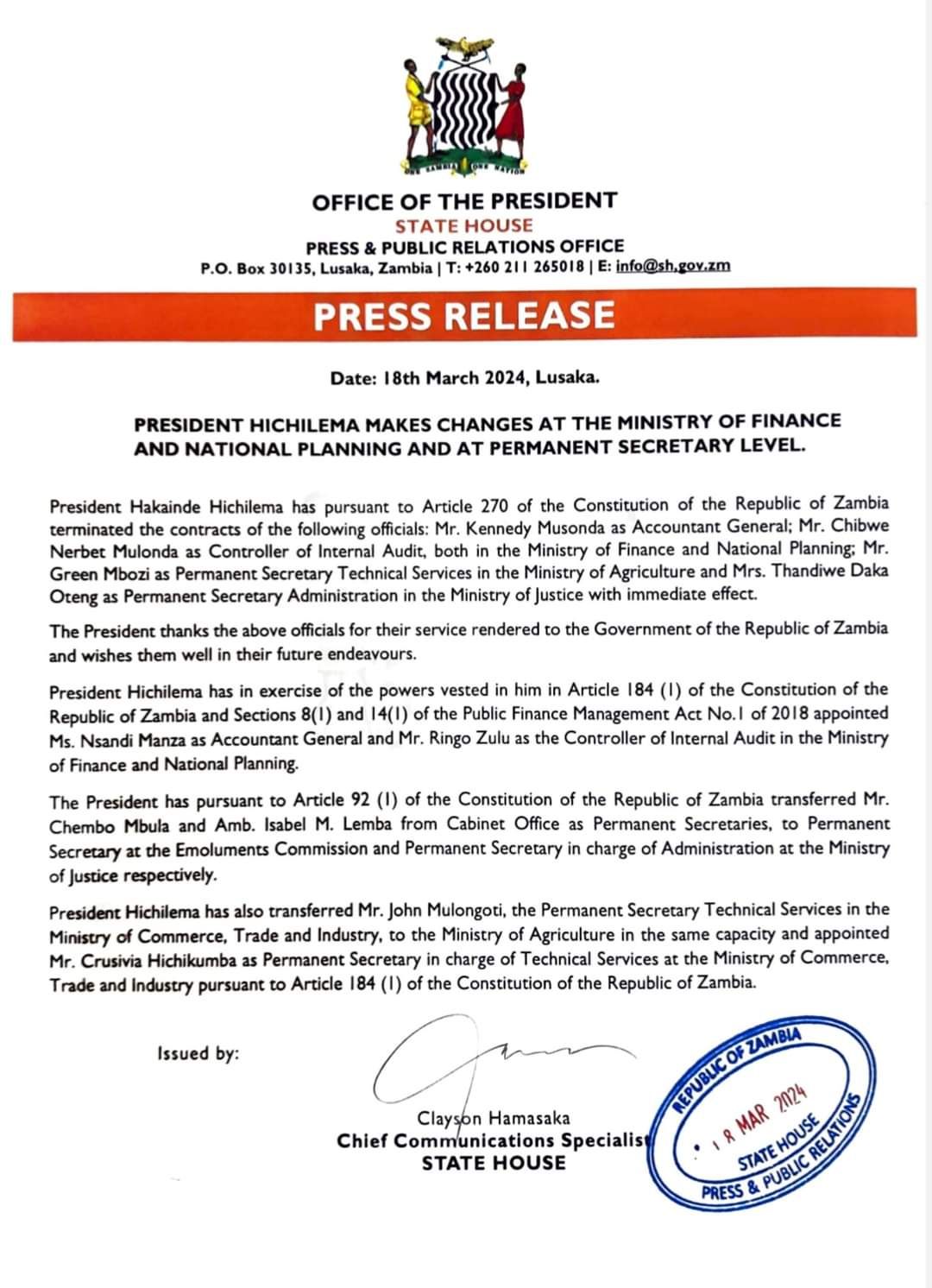 PRESIDENT HICHILEMA MAKES CHANGES AT MINISTRY OF FINANCE, AGRICULTURE AND JUSTICE