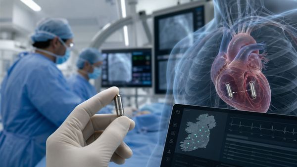 Leadless pacemaker device in cardiac electrophysiology lab with dual-chamber heart visualisation and registry dashboard showing implant sites across Ireland.